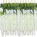 WEISPARK Fake Hanging Flowers - 24 Pieces 3.75 Feet/Piece Artificial Wisteria Vine Ratta Hanging Garland Silk Flowers for Home Party Wedding Decor (White-24pcs)