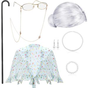 BBTO Old Lady Costume Granny Wig Grandma Shawl Grandma Cane Frame Glasses with Chain Faux Pearl Necklace Bracelet Earrings