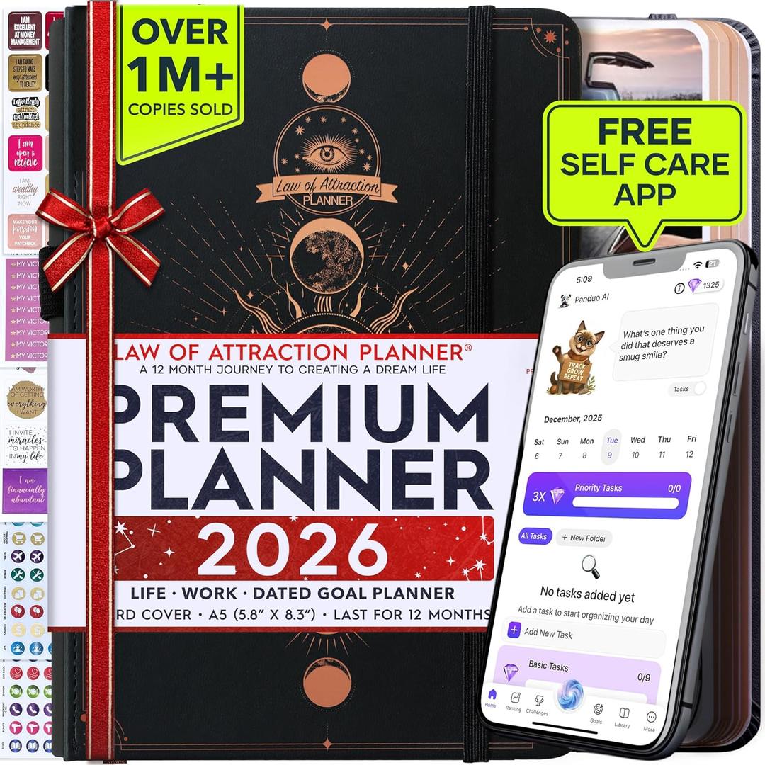 Law of Attraction Planner 2026 Deluxe with Productivity App | Weekly & Monthly Goal-Setting Planner, Life & Gratitude Journal | Include Foldable Vision Board, Gift Box & Stickers (A5 (5.8" X 8.3") Sunday Start Page, SUN BLK-SOLAR)