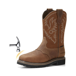 HISEA NINGO Men's Western Cowboy Boots Waterproof Square Toe Steel/Soft Toe Work Boots Men's Slip On Pull On Safety Toe Leather Work Boots for Construction Farming,10.5
