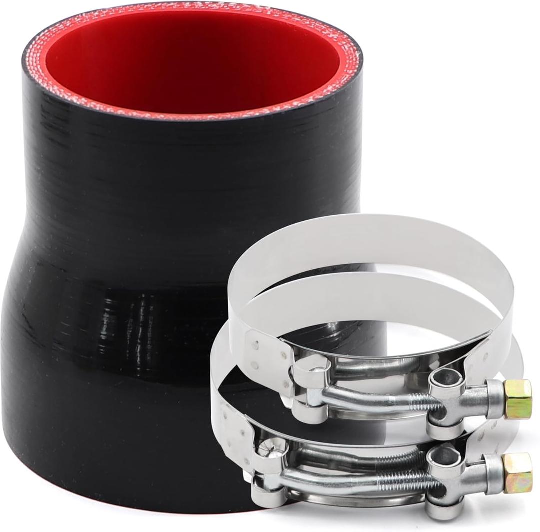 2-1/2 to 3 inches Straight Black Silicone Reducer Coupler with 2 T-Bolt Clamps 4 Layers of Polyester Reinforcement Suitable High Level Turbo Pipe 2-1/2 to 3 inches Straight Black Silicone Reducer Coupler with 2 T-Bolt Clamps 4 Layers of Polyester Reinforcement Suitable High Level Turbo Pipe
