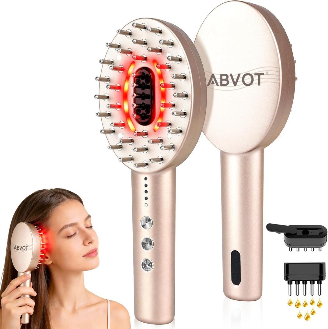 3-in-1 Electric Scalp Massager with Hair Oil Applicator, Red & Blue Light Modes, Vibrating Massage Tool for Scalp/Face/Body Relaxation, Portable Hair Brush, Scalp Massage Comb for Home & Travel (Champangne)