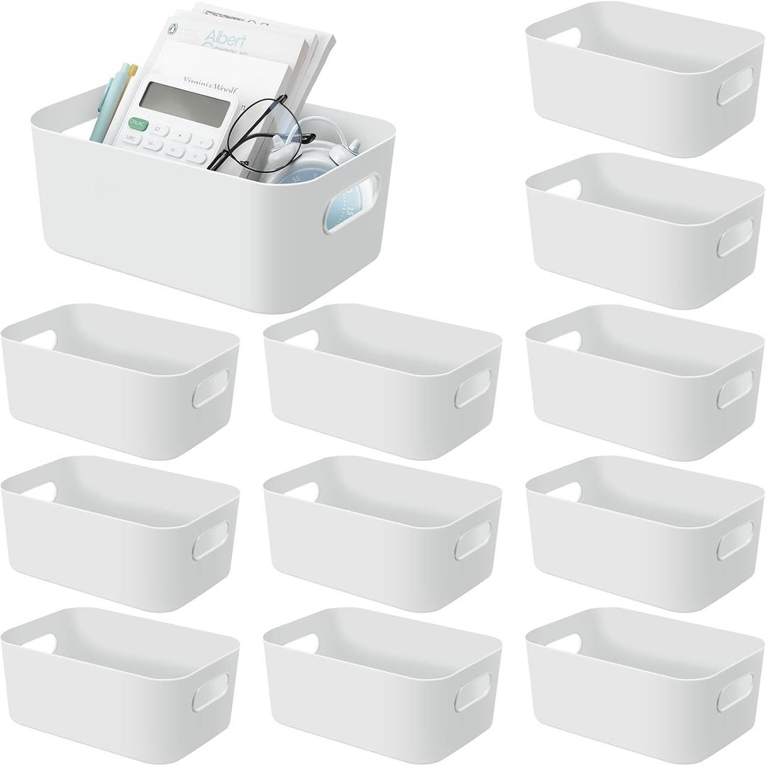 Geetery 12 Pieces Plastic Storage Bins Basket with Handles Toy Organizers and Storage Bins for Home Cupboard Kitchen Bathroom Office Pantry Organization (9.6 X 6.3 X 3.9 Inch,White)