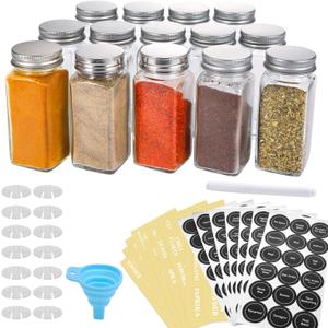 AOZITA 14 Pcs Glass Spice Jars with Spice Labels - 4oz Empty Square Spice Bottles - Shaker Lids and Airtight Metal Caps - Chalk Marker and Silicone Collapsible Funnel Included