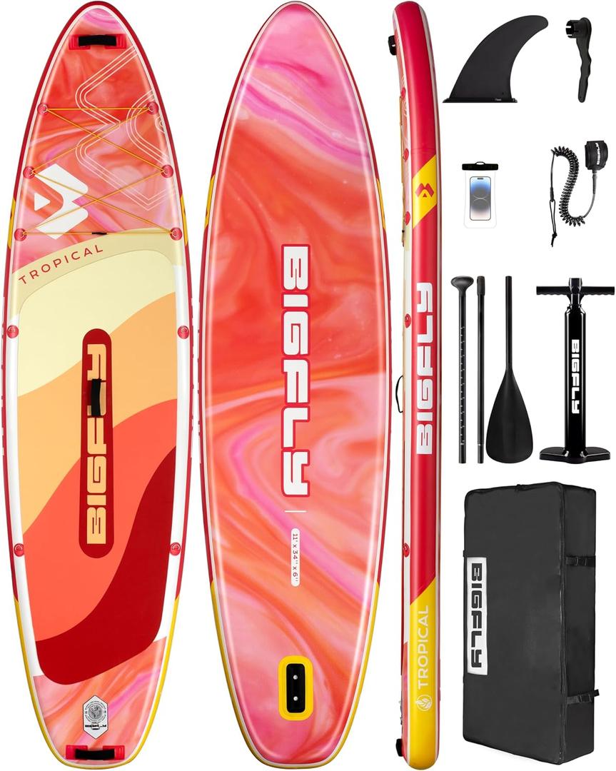 Bigfly Inflatable Stand Up Paddle Board 11*34*6, Blow Up Paddle Board for Adults,with Detachable Fins, Pump, Floating Paddle, Safety Leash,Backpack