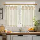 jinchan Linen Tier Curtains with Attached Valance for Kitchen Windows 36 Inch Length Farmhouse Cafe Curtains for Small Windows Light Filtering Rustic Short Drapes for Bathroom Laundry 2 Panels Beige (Rod Pocket Crude)