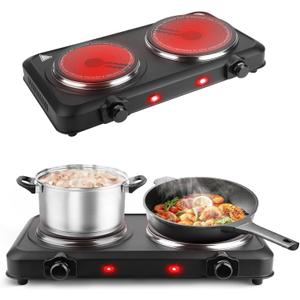 2000W Hot Plate,Portable Electric Stove Countertop Double Burner Infrared Burner with 7.5” & 6.3” Ceramic Glass Cooktop Stepless Temperature Adjustments for Home RV Camp