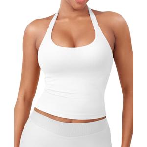 YEOREO SoftHue Women's Impact Halter Tank Top Longline Backless Scoop Neck Built-in Bra Sports Workout Gym Crop Top (White)