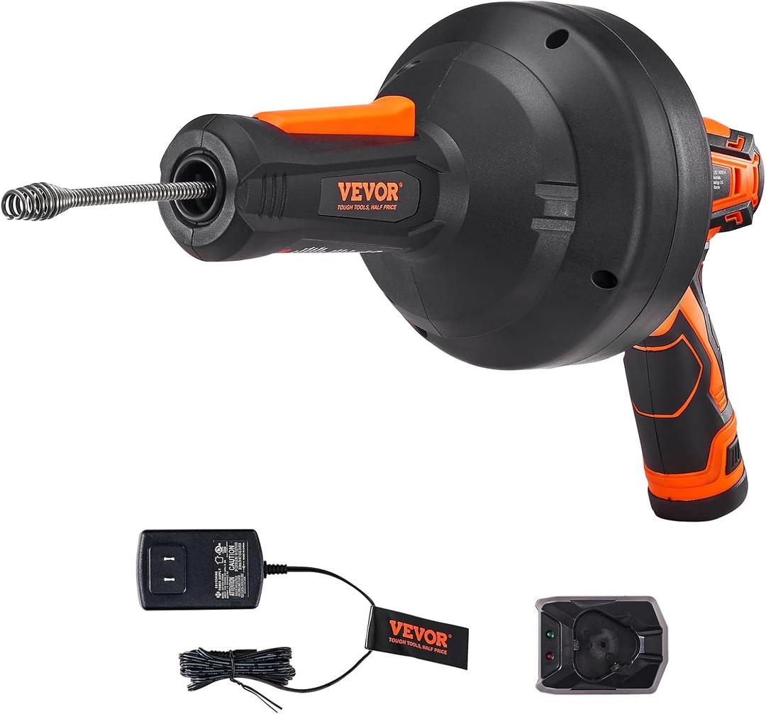 VEVOR 12V Electric Drain Auger, 25FT Cordless Plumbing Snake Auto Feed, Pipeline Snake Drain Clog Remover with Power Drill for 3/4"-2" Pipes, 2.0Ah, Charger Included, Auto Feed Electric