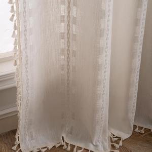 Deeprove Cream White Boho Curtain 63 inches Length for Living Room Bedroom Nursery, Aztec Chic Bohemian 63 inches Long Diamond Stripe Embroidery Privacy Window Fringe Decor W52 x L63, 1 Panel