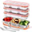 4 Pack Leakproof Stainless Steel Snack Containers with Lids, Reusable 3 Compartment Lunch Container, Stackable Snack Bento Box for Work, Travel & Picnic