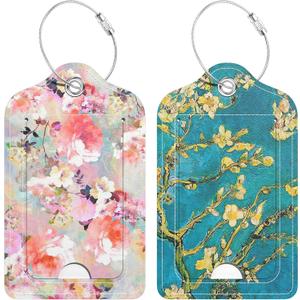 6 x 2 Pack PU Leather Luggage Tags for Suitcase, Travel Cruise Luggage Tag with Privacy Flap, Name ID Label and Metal Loop for Women Men Baggage Handbag School Bag Backpack, Watercolor Flowers