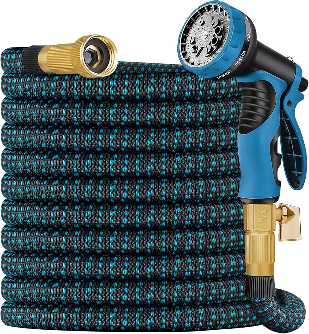 Expandable Garden Hose 50 ft Water Hose with 10 Function Spray Nozzle, Lightweight Flexible Hose with 3Layer Latex Core and 3/4 Inch Solid Fittings, 50ft Retractable Stretch Hose, (Black & Blue)