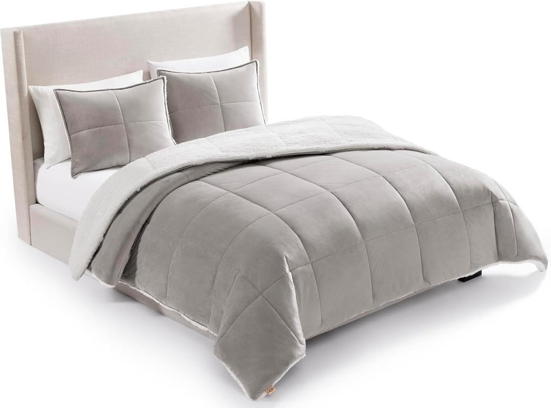 UGG Blissful Queen Comforter Set with 2 Pillow Shams, Reversible Quilted Bed Comforter, Ultra Warm Winter Bed Set, Down Alternative Bedding, Full/Queen Size, Seal Grey