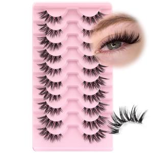 Ahrikiss Half Lashes Natural Look Wispy Cat Eye Lashes (TB06) | 3D Fluffy False Eyelashes with Clear Band Soft Short Half Eyelashes 10 Pairs 7-16mm Natural Faux Mink Lashes