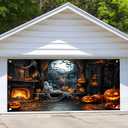 16X7ft Halloween Ghost Garage Door Background Full Moon Scary Night Castle Bat Crow Pumpkins Party Spooky Scary Cemetery Child Kids Halloween Party Decorations Garage Door Banner (Black)