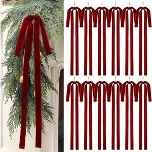 Janinka 12 Pcs Burgundy Long Velvet Bow Ornaments Christmas Swag 23.5x15.5 Inch Vintage Large Velvet Christmas Staircase Wreath Bows Tree Topper Bows Large Bow for Outdoor (Wine Red)