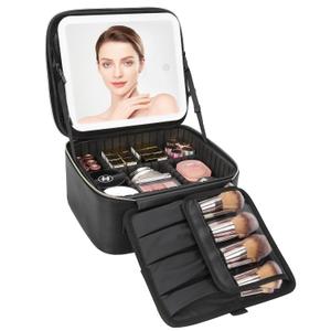 Relavel Travel Makeup Bag With LED Mirror, Cosmetic Train Case with Light up Mirror, Portable Makeup Artist Organizer Bag with Adjustable Dividers, Makeup Brush Holder Storage, Black (1-Small)