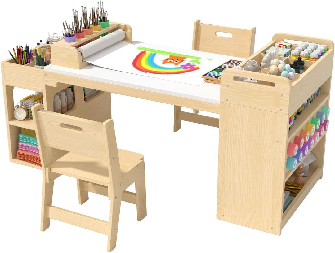 56Lx25W Kids Art & Craft Table and 2 Chairs Set, Portable Supply Organizer and Paper Roll Rack, Art Desk and Craft Table for Kids, Toddler Activity and Coloring Tables with Storage(White)