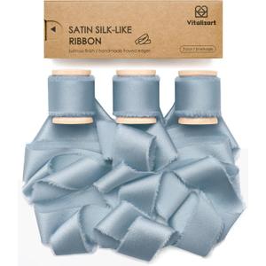 Vitalizart Blue Ribbon 1 inch Silk Satin Ribbon 15 Yard Dusty Blue Handmade Frayed Ribbons for Gift Wrapping Baby Shower Wedding Bridal Bouquets Holiday Decor