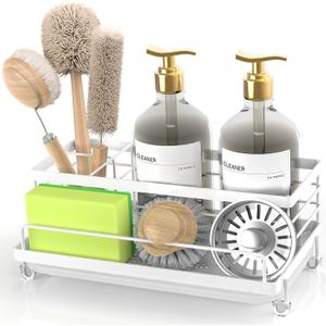 Cisily Sponge Holder for Kitchen, Sink Caddy Organizer, Kitchen Sink Accessories with Drip Tray, Rustproof and Non-Slip Kitchen Sink Sponge Holder, Kitchen Essentials for New HomeWhite