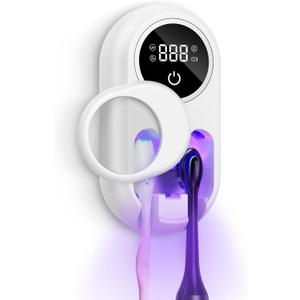 Toothbrush Sanitizer Holder, Upgraded UV Toothbrush Holder with Dual-Mode Clean & Fan Dry, LED Smart Screen, Auto-Inductive Cover, Toothbrush Wall Mounted Cleaner Organizer for Bathroom, Trip (White)