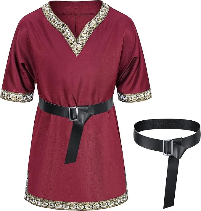 Kids Medieval Costume Boys Viking Tunic Knight Warrior Renaissance Shirts with Belt (8-10 Years, Red)