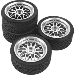 OD 2.55" Rubber Tires & Plastic Wheel Rims 12mm Hex Hub Compatible with HSP Tamiya HPI Kyosho Redcat ExceedRC 1/10 On-Road Touring Car,WLtoys 1/14 144001 RC Buggy (Silver)