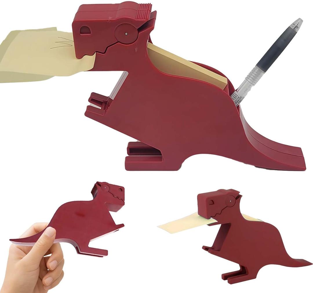 Dinosaur Sticky Note Holder - Post Notes Dispenser with Pen Storage | Fun Desk Accessory for Office School | Reusable Decorative Organizer Gift (Red)