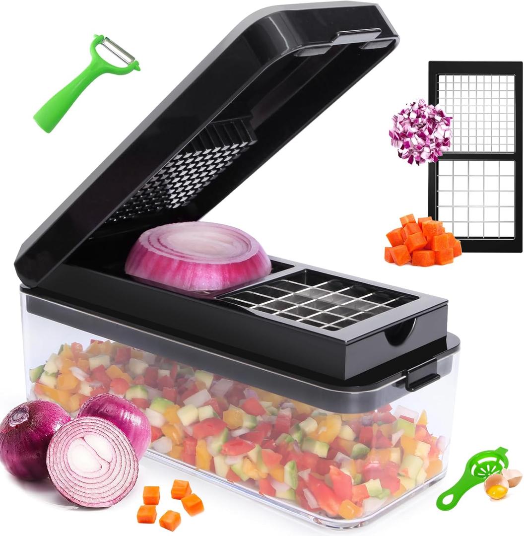 Vegetable Chopper, 4 in 1 Veggie Chopper, Multi-functional Salad Chopper, Mandoline Slicer, Onion Chopper, Food Chopper with Container and Lid (Black) (2 Blades)