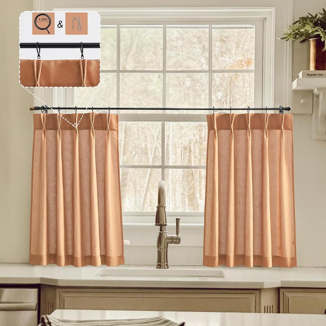 LIMON HOME Terracotta Linen Kitchen Curtains 30 inch Length Pinch Pleat Cafe Curtains (24"W x 30"L (Pack of 2))