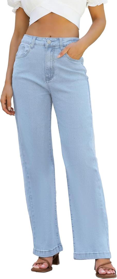 ETTELO Womens Jeans High Waisted Straight Leg Loose Stretchy Lightweight Tummy Control Trendy Jeans for Women 2025 (Blue)