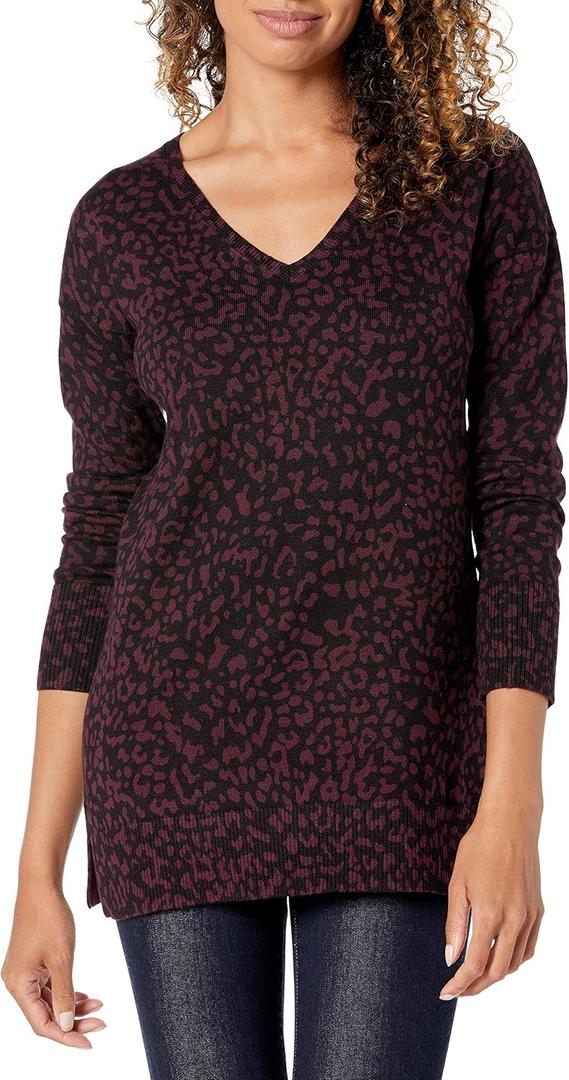 Amazon Essentials Women's Lightweight Long-Sleeve V-Neck Tunic Sweater (Large, Black Animal Print)
