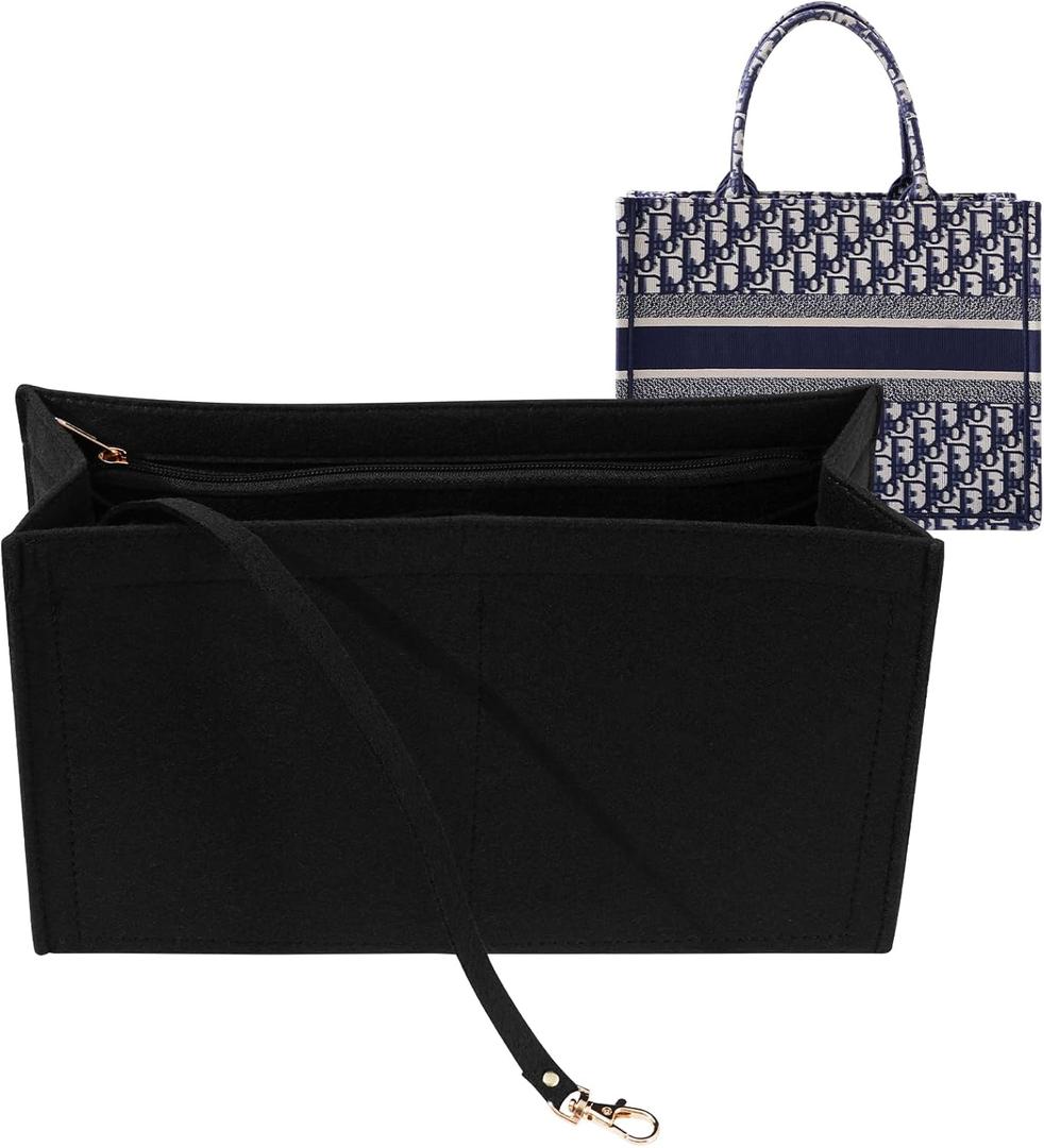 Purse Insert Organizer for Dior Book Tote - Medium Bag Insert with Premium Felt and Multiple Pockets (Large, Black)