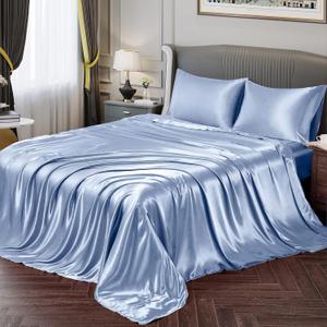 Vonty Satin Sheets Twin Silky Soft Satin Bed Sheets Baby Blue Sheet Set, 1 Deep Pocket Fitted Sheet + 1 Flat Sheet + 1 Pillowcases