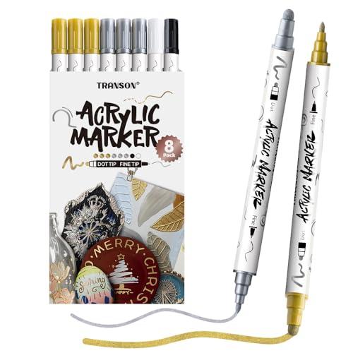 TRANSON 3 Gold, 3 Silver, 1 Black and 1 White Paint Markers Bold and Fine Dual-tip Acrylic Paint Marker Set for Rock Painting Glass Canvas Wood Leather Ceramic Painting