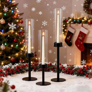 Black Taper Candle Holder Set with Glass Hurricane  Modern Candlestick Holders for Dining Room, Premium Gift Set for Wedding, Fall Centerpieces for Tables, Warmly Gift for Home Decor, Christmas Decor