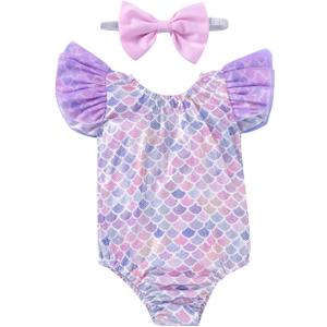 Toddler Girl Baby Ruffles Mermaid Fish Scale Swimsuit One Piece Swimwear Bathing Sunsuit (2-3T, Purple)