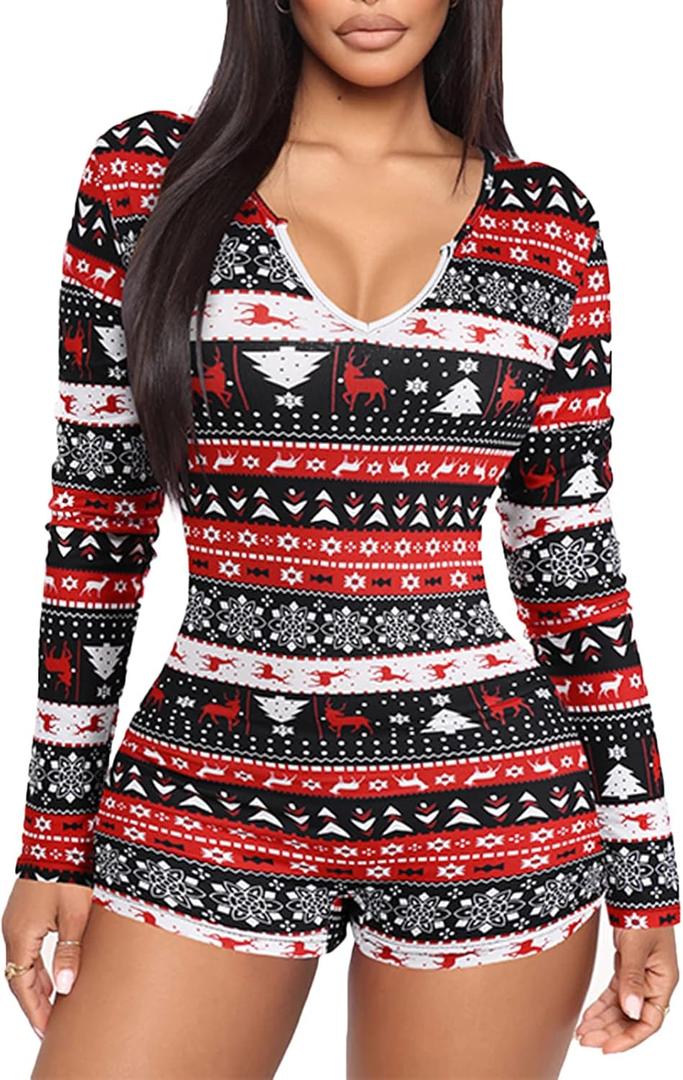 RUEWEY Women V-Neck Shorts Jumpsuit One Piece Bodysuit Pajama Long Sleeve Bodycon Rompers Overall (Large, Xmas-red)