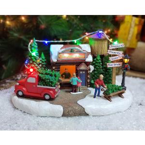 MOMENTS IN TIME Christmas Village Tree Lot Scene 6.7H Hand-Painted Polyresin with LED Lights Music Battery Operated Holiday Decor Collectible
