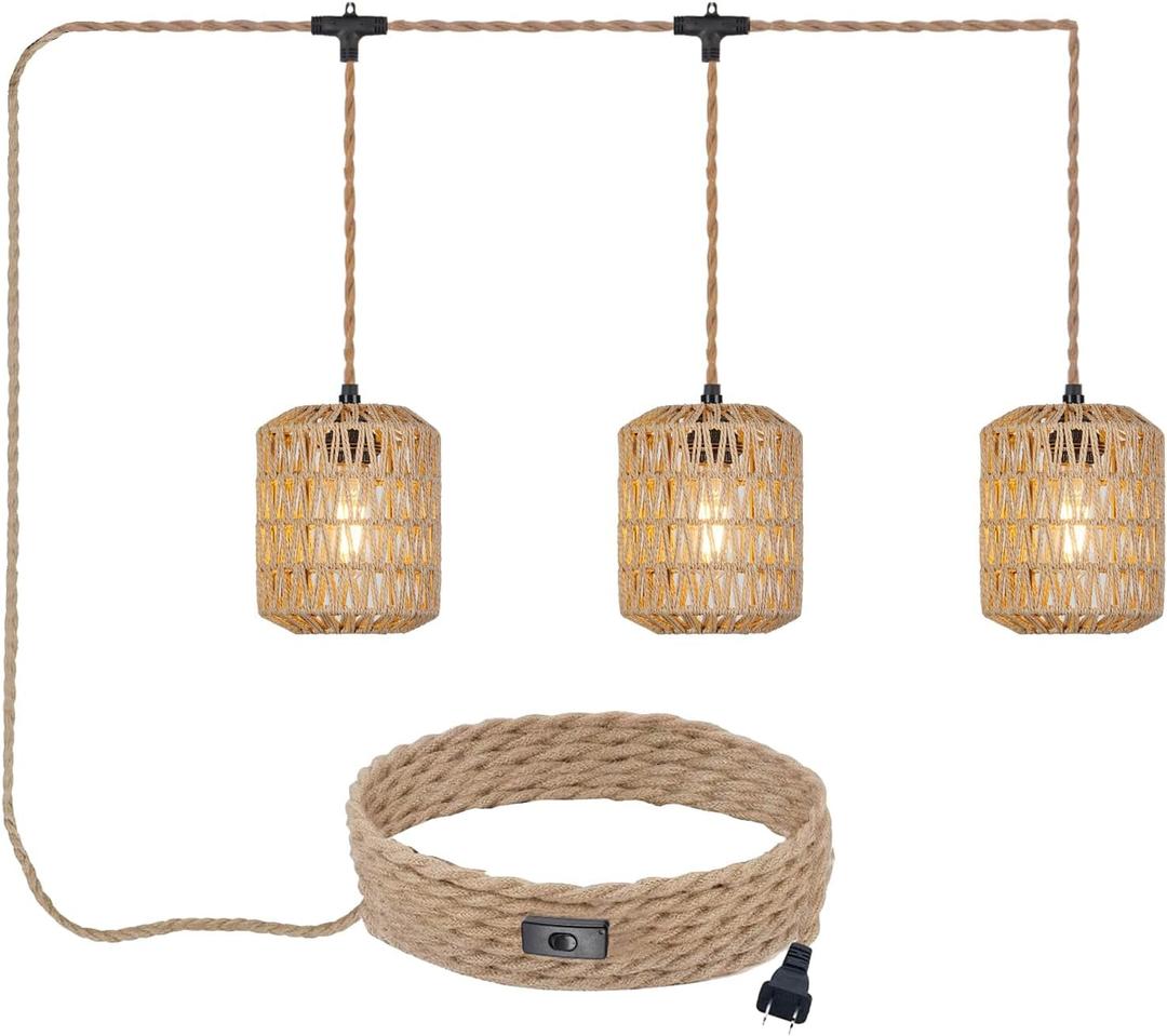 3 Lights Plug in Pendant Light with Cord On/Off Switch Rattan Hanging Lamp with 22ft Hand Woven Wicker Plug in Chandelier Boho Hanging Lights Fixture for Bedroom Kitchen Hallway Foyer (Lantern 1 Pack (3 Lights))