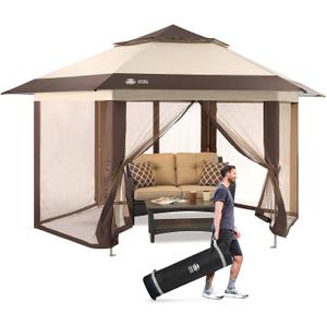 CROWN SHADES 12x12 Pop Up Gazebo with Mosquito Nettings, Patented CENTERLOK 6-Sided Portable Gazebo, 300D Silver-Coated Fabric UV Resistant, Pop Up Canopy Tent for Patio, Party, Beige&Coffee