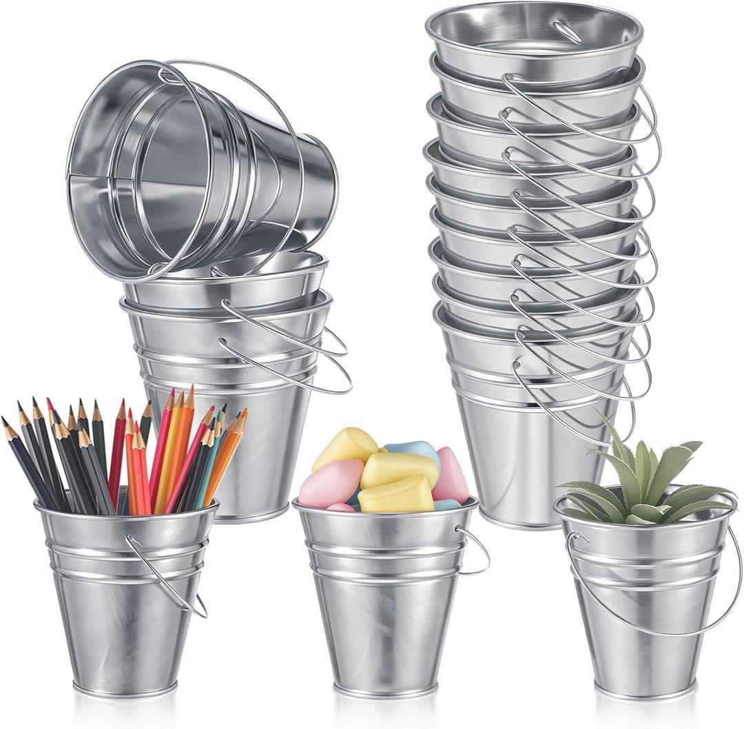 Sadnyy 12 Pcs 3.5 Inch Small Metal Buckets with Handle, Mini Metal Pail Tin Galvanized Pail Container for Crayon Storage Wedding Table Decorations Trick or Treat Flower Plant Party Gift (Silver) (EXP 11/28/35)