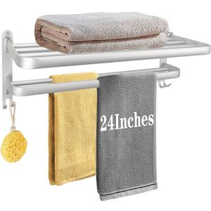 Towel Rack for Bathroom, Bath Towel Holder with Double Towel Bar and Fold-able Towel Shelf, Rustproof Towel Organizer Wall Mounted Towel Storage Hanger for Bath/Balcony/Lavatory(24In Sliver)