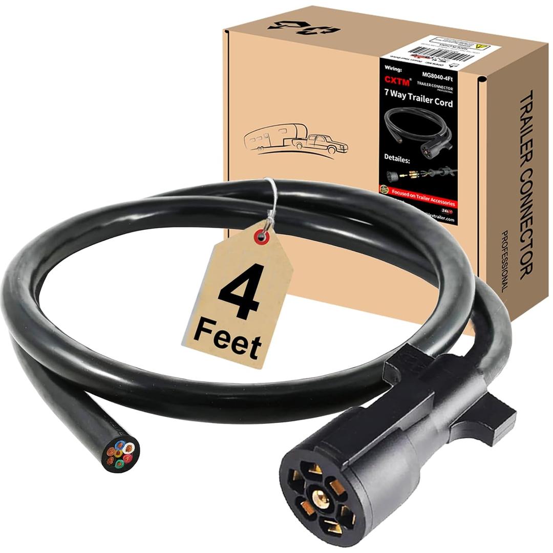 7 Way Trailer Cord,4FT Heavy Duty 7 Way Trailer Plug Inline Cord Wire Harness Cable Double Prongs Connector 7 pin Trailer Wiring Harness 4 Feet for Camper Blade Molded RV Cable Wire(4ft)
