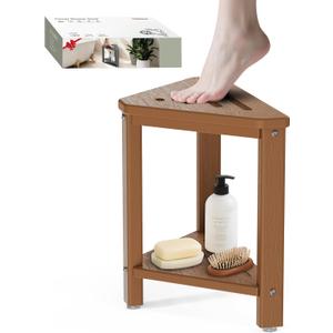 Teak Shower Foot Rest 15in, HDPE Waterproof Shower Stool for Inside Shower, Corner Shower Stool for Shaving Legs with Storage Shelf for Small Space, Shower Step Stool, Plastic Corner Shower Bench