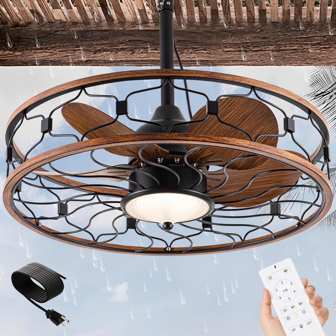 24 inch Outdoor Ceiling Fans For Patios Waterproof, Plug In Gazebo Fan Outdoor Hanging With Hook, 3 Color Light Remote Control, Strong 6 Speed,Wet Rated For Outside Porch, Pergola, Garage (Dark Walnut)