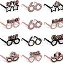 Zirtorei 24pcs 60th Birthday Paper Eyeglasses Decorations for Women, Rose Gold Happy 60th Birthday Eyeglasses Party Supplies, Cheers to 60 Years Bday Glasses Hello Sixty Photo Booth Props Decor