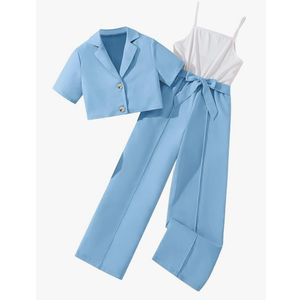 Hilinker Girl's 2 Piece Outfits Short Sleeve Blazer and Belted Sleeveless Jumpsuit Sets, 13-14Y