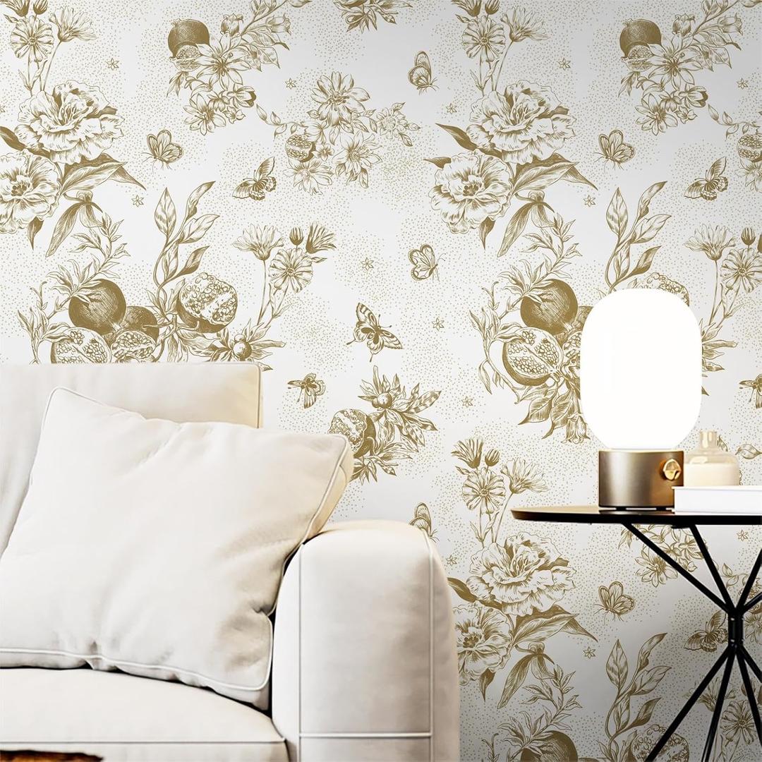 Dimoon 78.7"x17.3" Floral Peel and Stick Wallpaper White Golden Contact Paper Butterfly Thicken Waterproof Leaf Vintage Self Adhesive Pomegranate Wallpaper Removable Shelf Liner Decal Vinyl Roll
